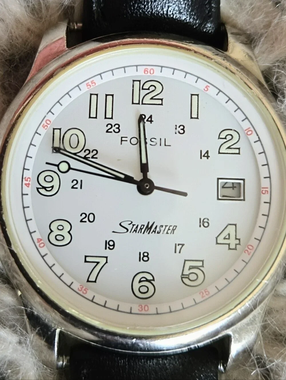 Vintage Rare Fossil StarMaster Watch With Light Up Dials & Numbers Leather Band